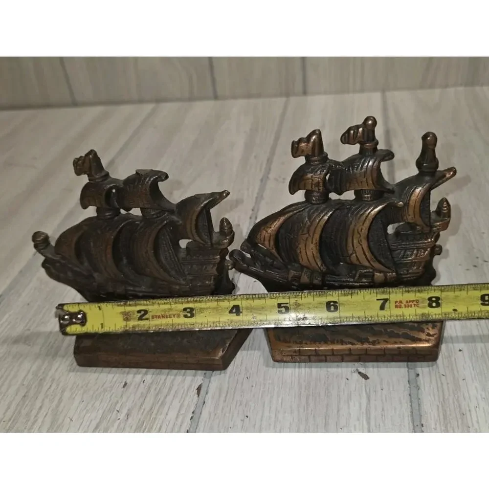 Vtg Spanish Galleon Bookends w Sailing Ships Copper Coated Cast Iron Nautical